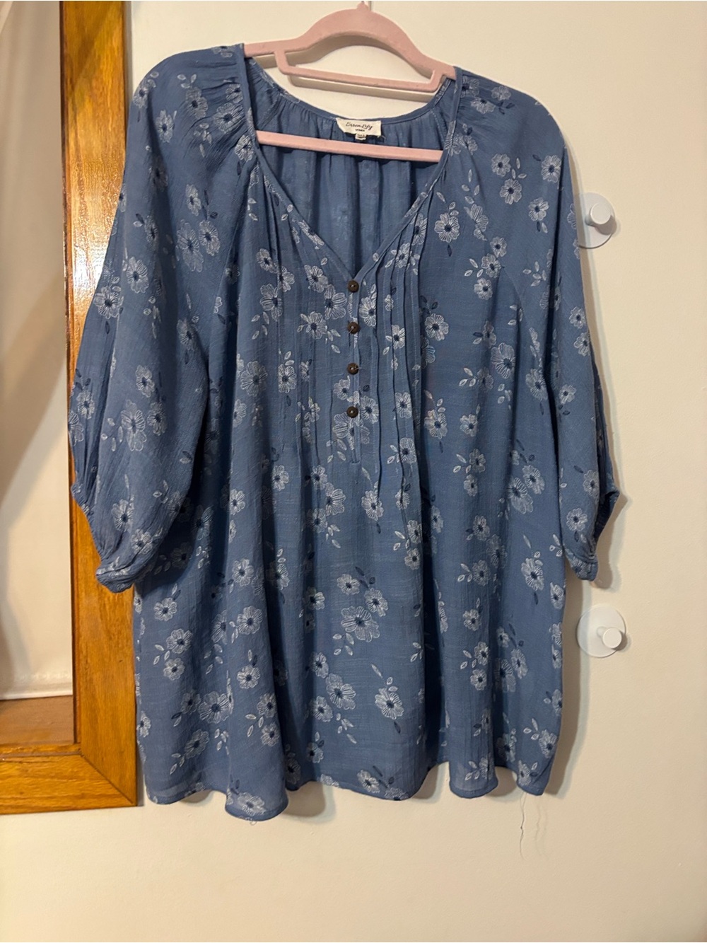Siren Lily Dusty Blue Floral Pintuck Henley Tunic